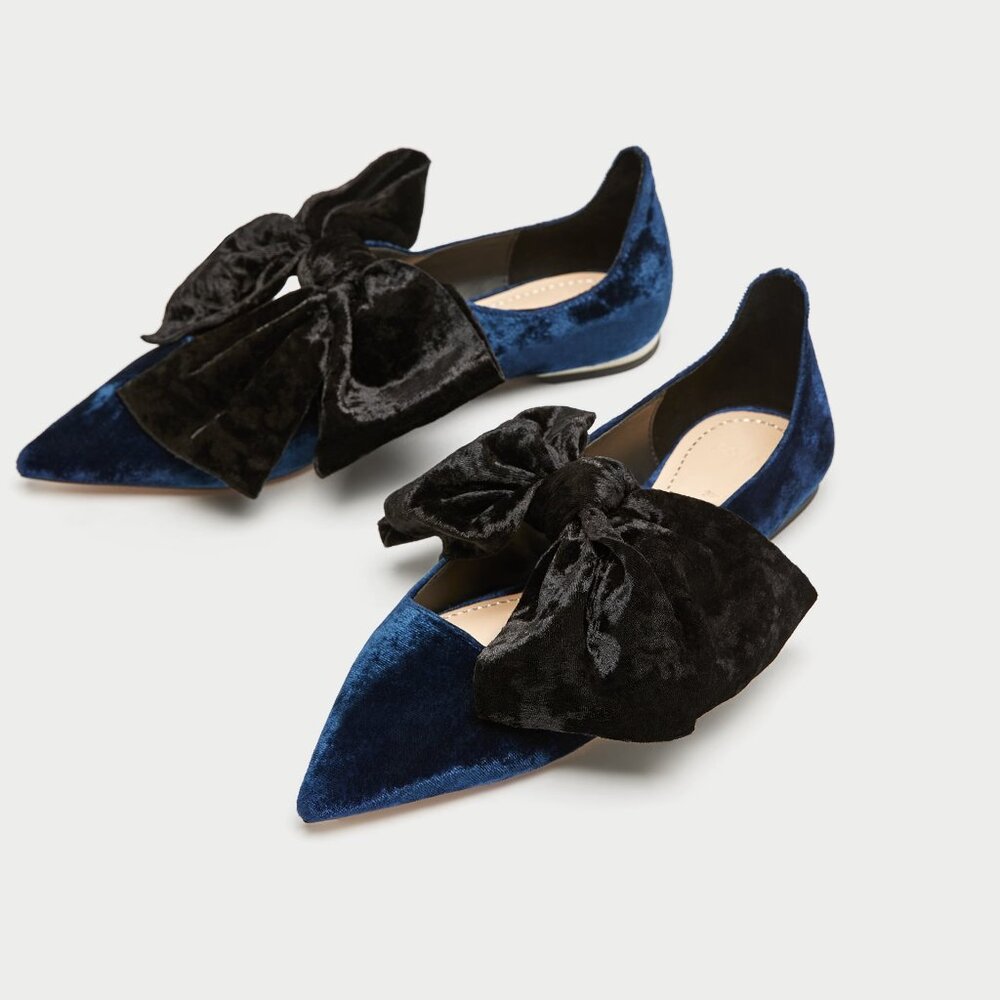 ZARA Velvet Navy Ballerina Flats w Black Velvet Bow Size 39, US 8